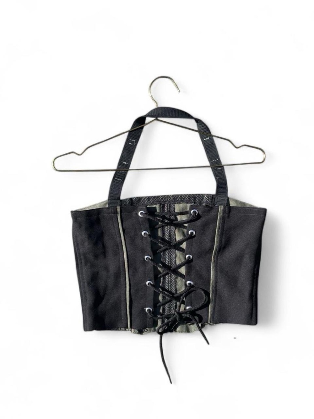Y2K Black & Olive Lace Up Corset Utility Tank Top Size S/M - Picture 3 of 7